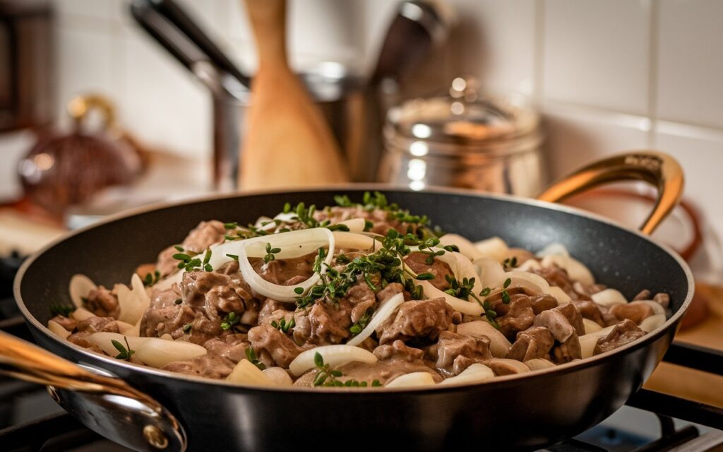 "Ingredients for milk-free Beef Stroganoff on a wooden countertop."