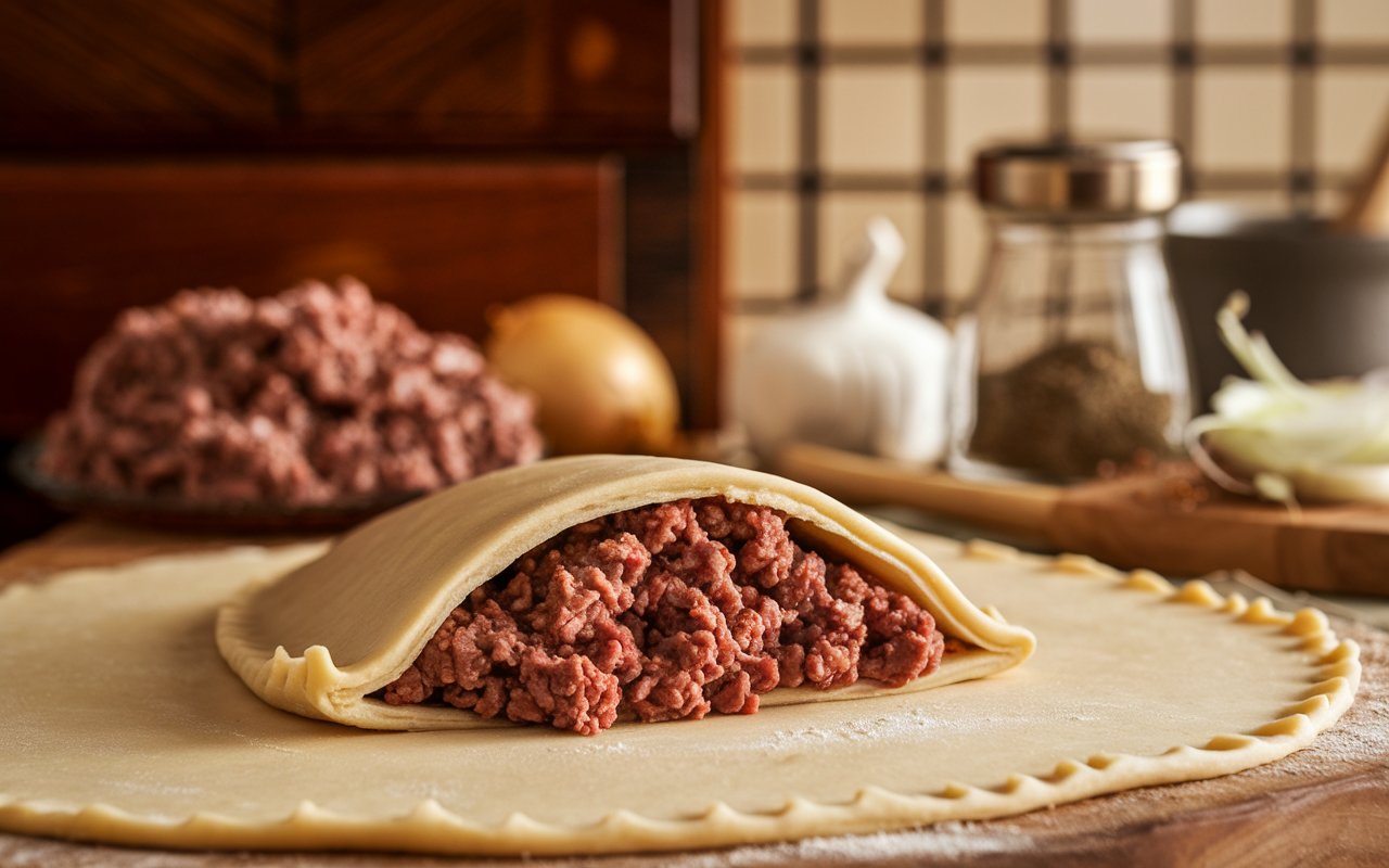 Hands shaping and sealing beef empanada dough