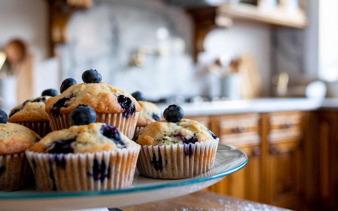 "Close-up of a blueberry muffin with a bite taken out."