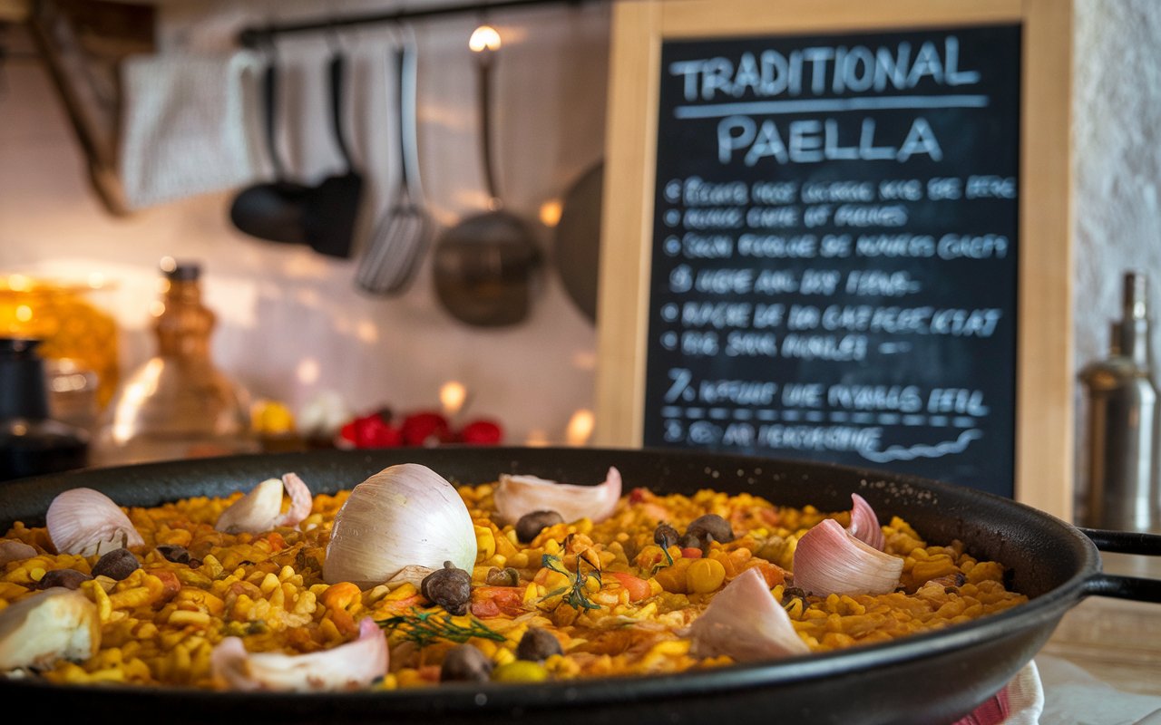  Close-up of seafood paella with mussels, shrimp, and clams.