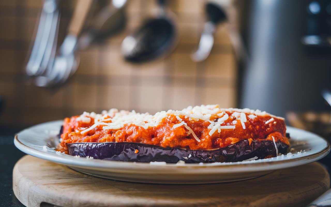  "Freshly baked eggplant parmesan garnished with basil and parmesan."