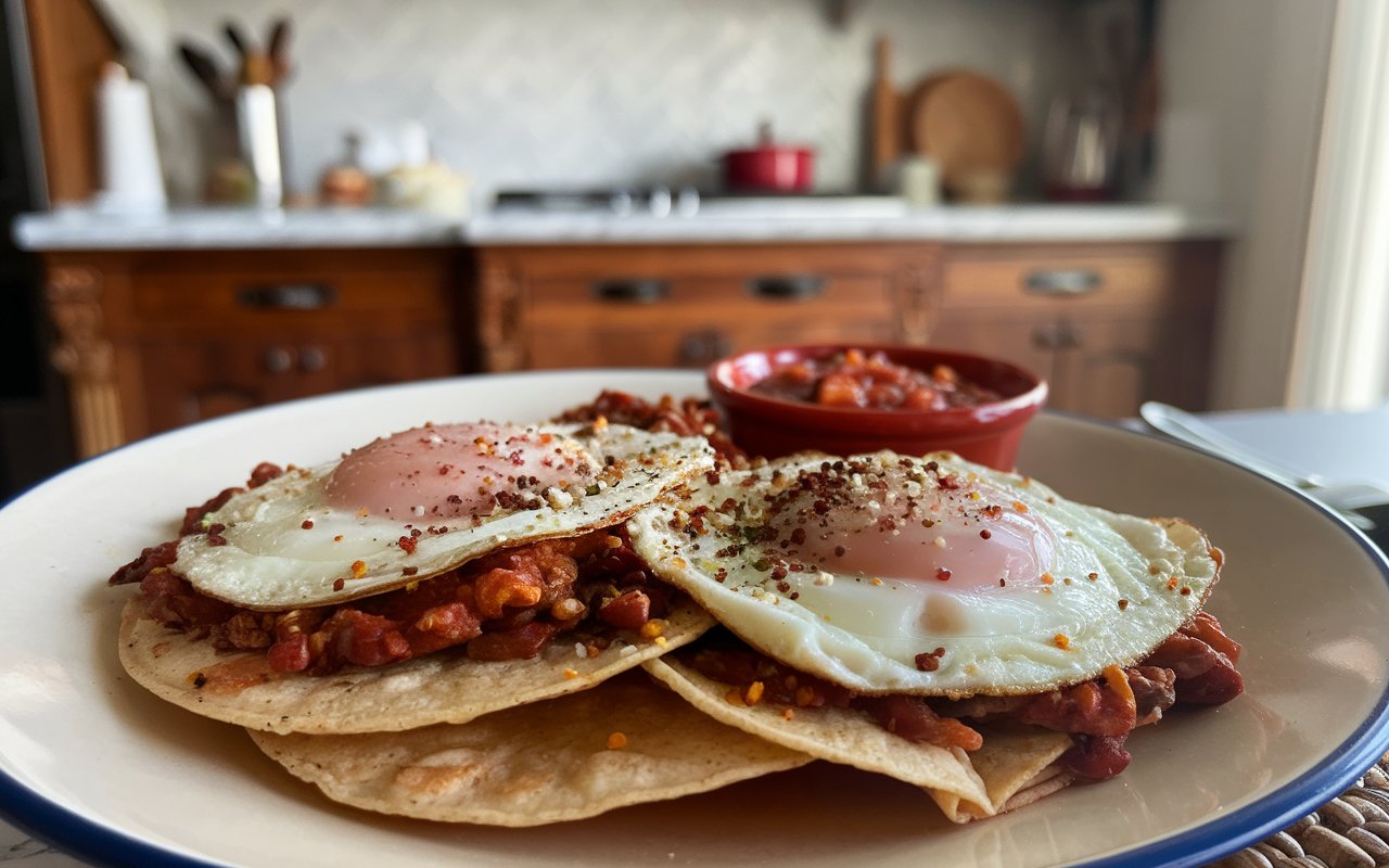 A plated Huevos Rancheros with garnishes and sides.