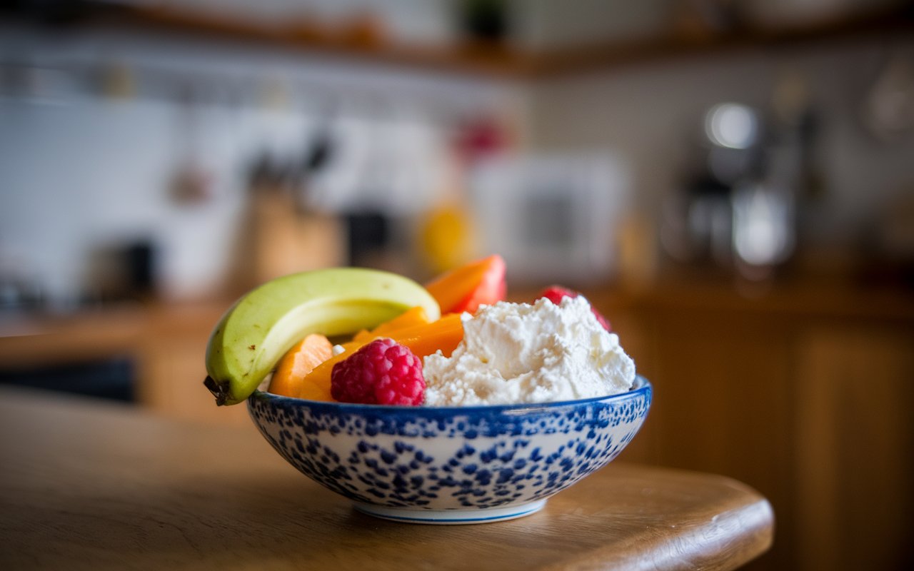  "Cottage Cheese Bowl with Roasted Peaches and Walnuts"