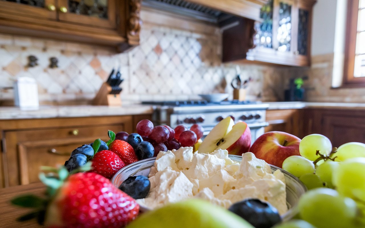 "Cottage Cheese and Fruit Bowl with Berries, Bananas, and Kiwi"