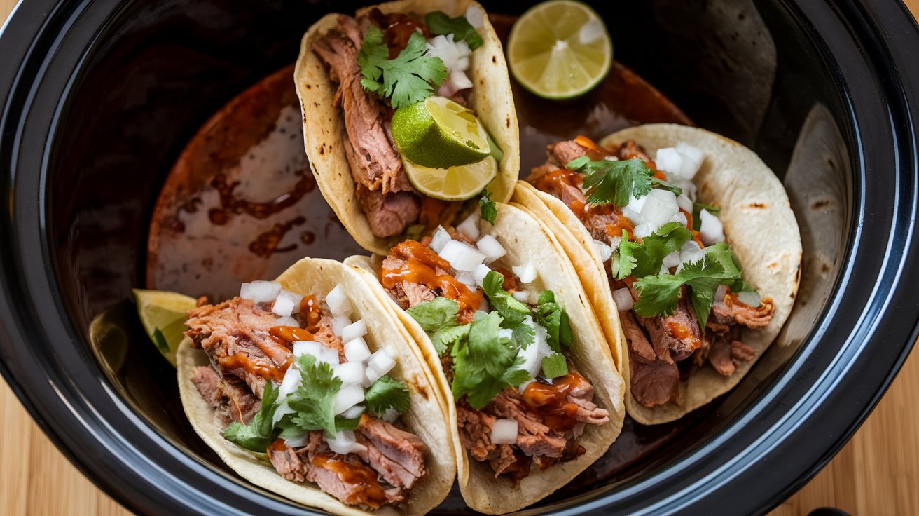 A plate of Tacos al Pastor with pineapple and cilantro on a rustic table in a modern kitchen.