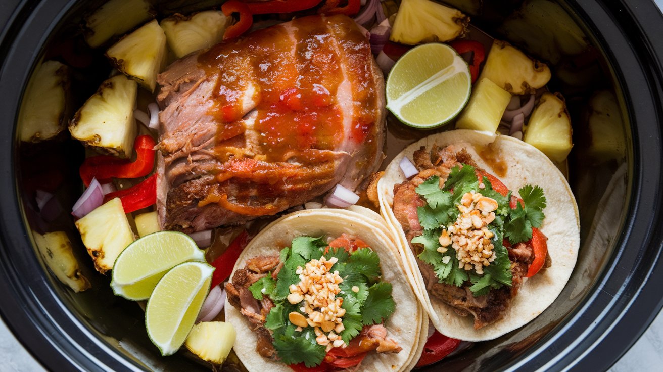  Pork shoulder being marinated with al pastor sauce in a kitchen.