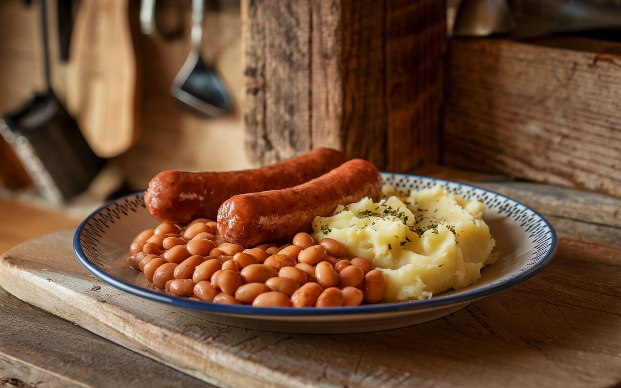  Traditional bangers, beans, and mash served on a rustic plate