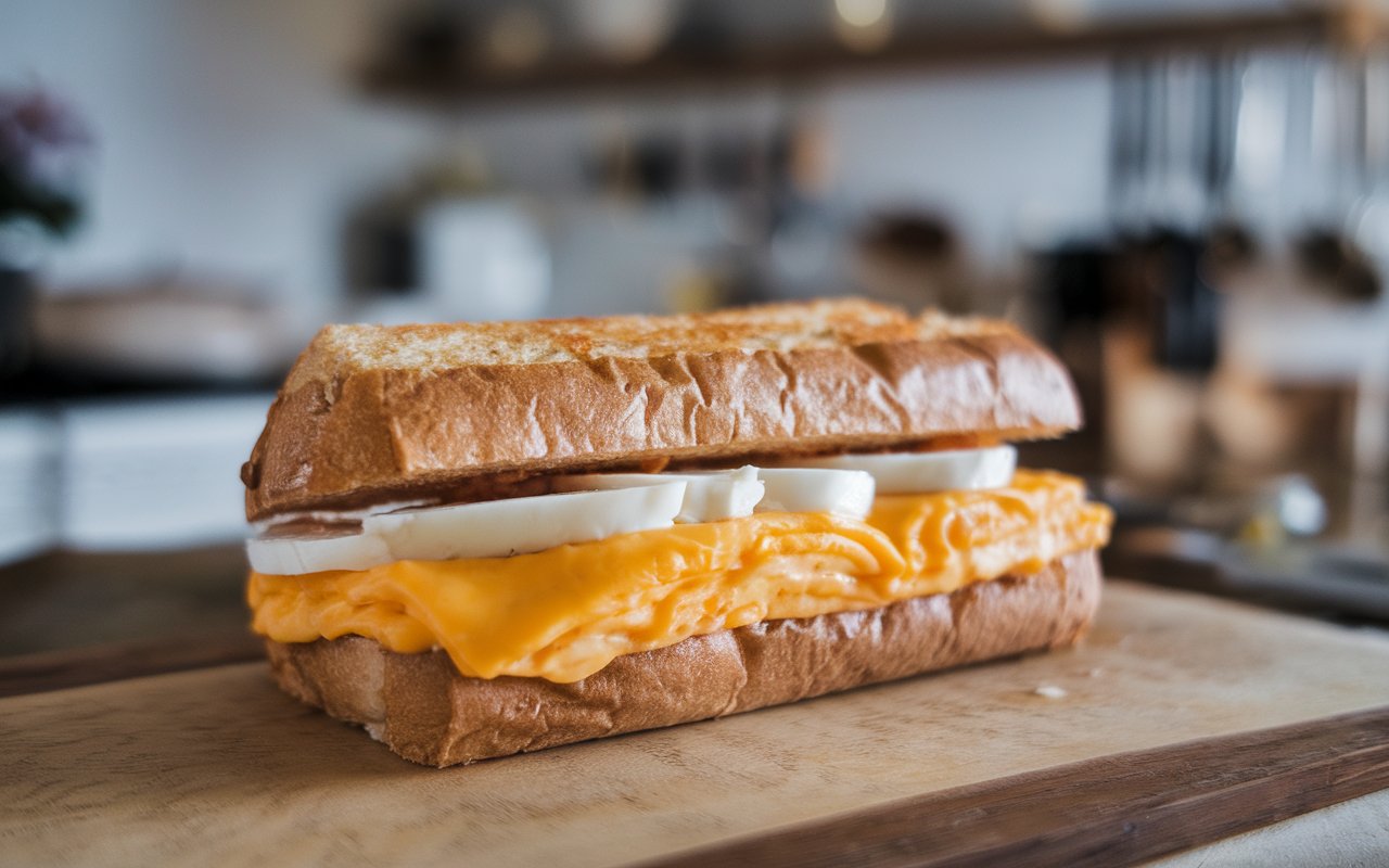 Perfectly toasted egg and cheese breakfast sandwich on a wooden table.