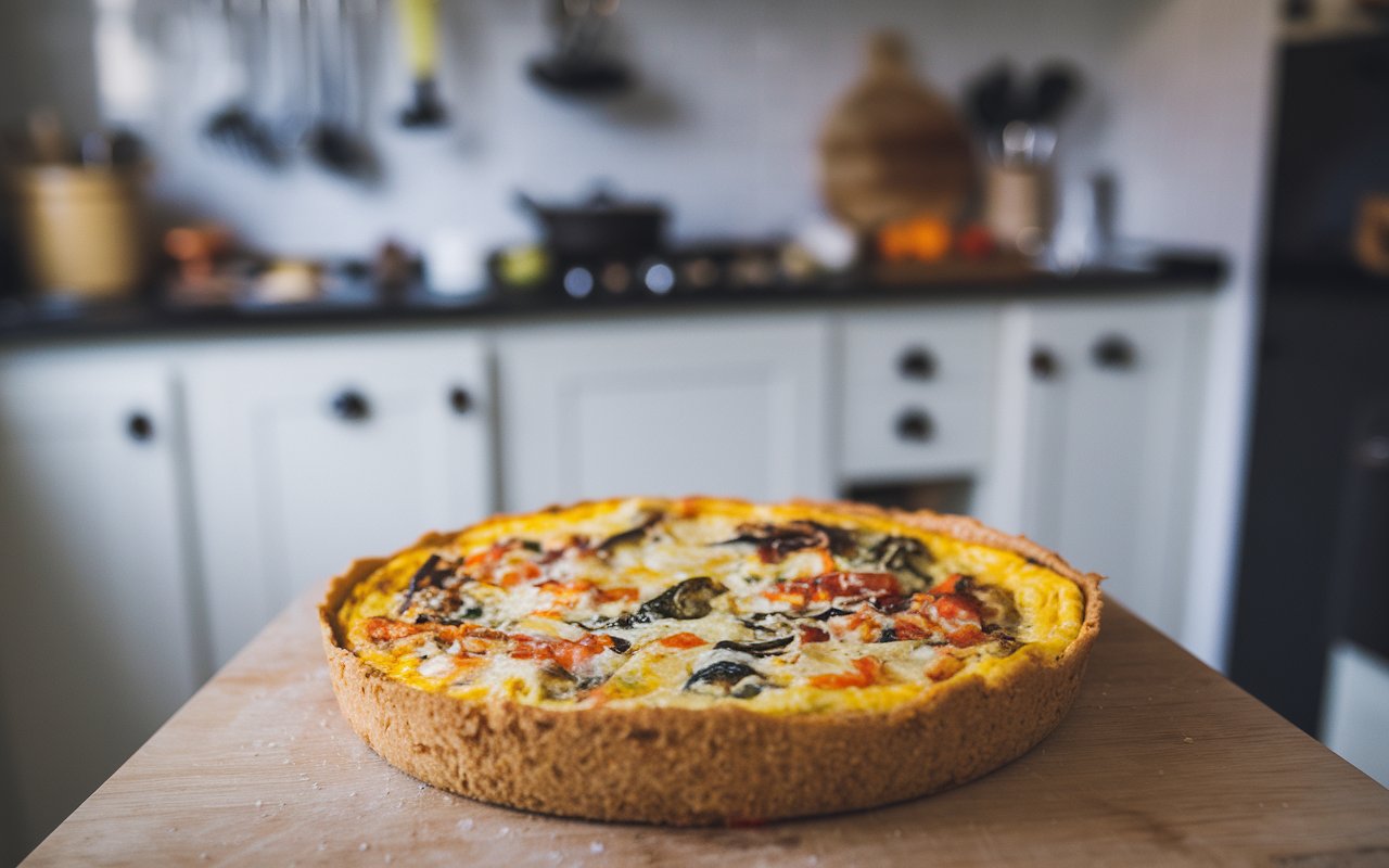 "Ingredients for making a frittata displayed on a kitchen counter."