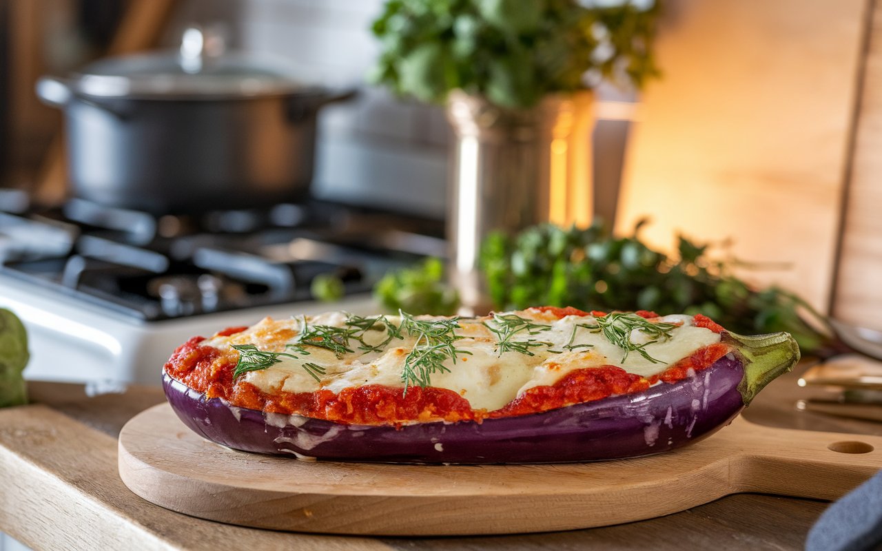  "Breaded and fried eggplant slices with marinara sauce and cheese."