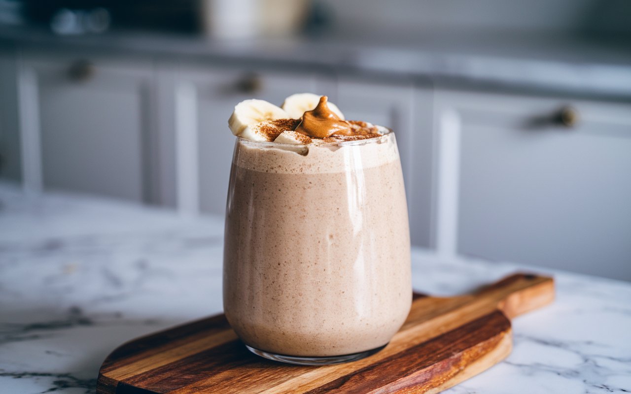  Almond butter smoothie ingredients on a wooden board