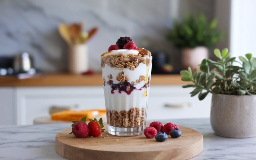 Three creative variations of granola and Greek yogurt parfait