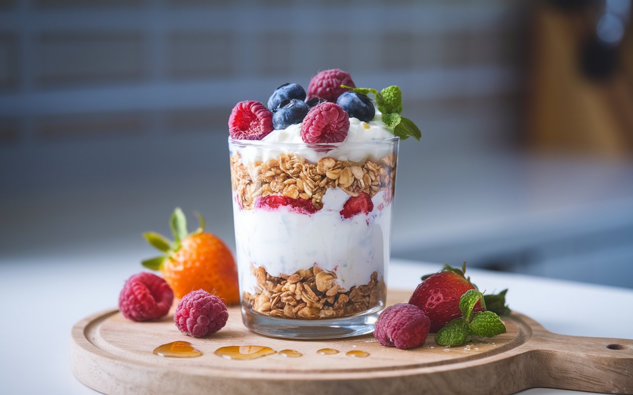 Layering granola and Greek yogurt parfait step by step