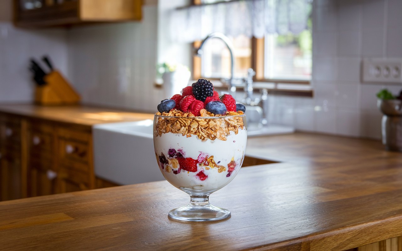 Granola and Greek yogurt parfait with berries in a glass jar