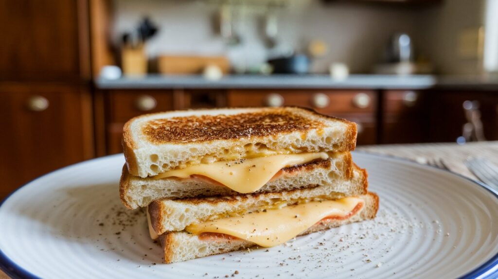 Golden grilled cheese sandwich with melted cheese.