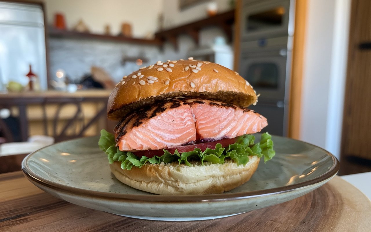  "Grilled salmon burgers with toppings on a wooden board"