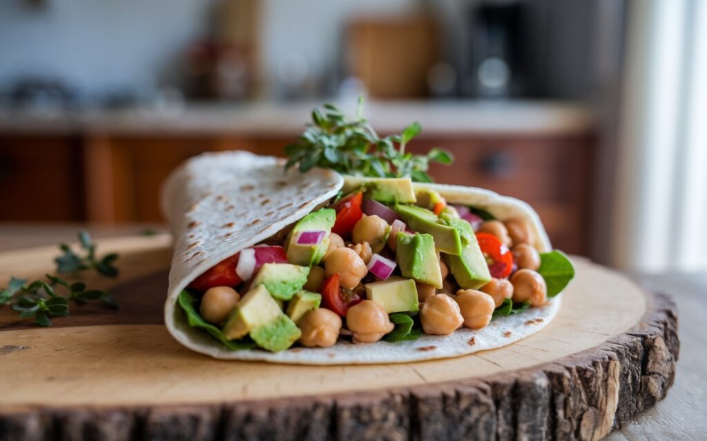 Avocado chickpea salad wrap served with sweet potato fries and hummus.