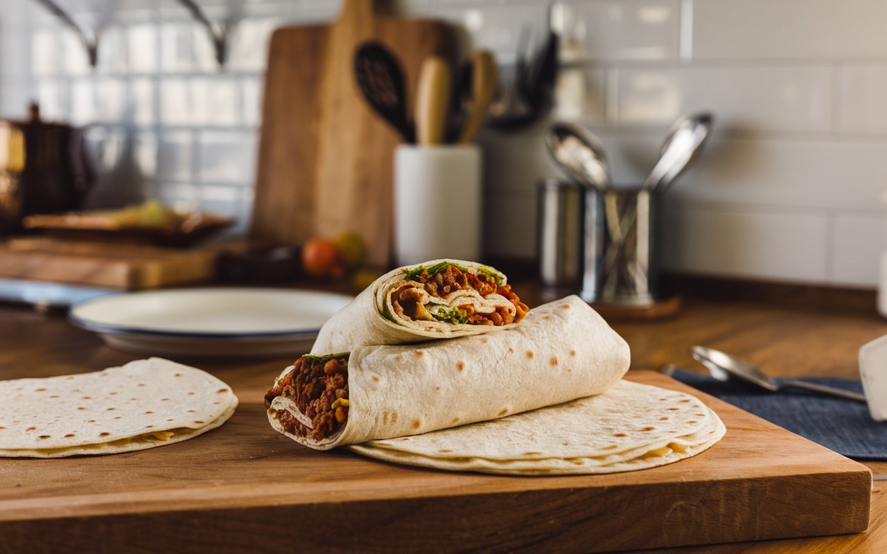 “Hands assembling a burrito with fresh ingredients on a tortilla.”