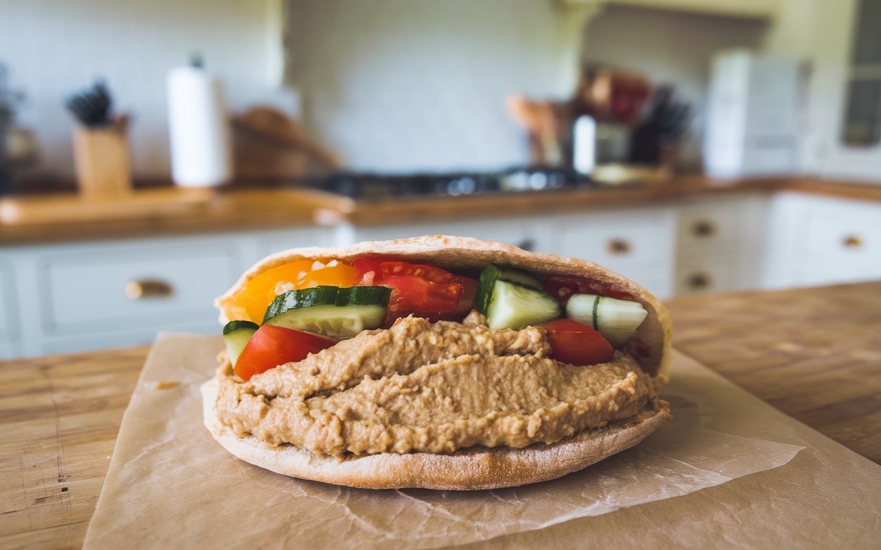 Fresh ingredients for a hummus & veggie pita pocket