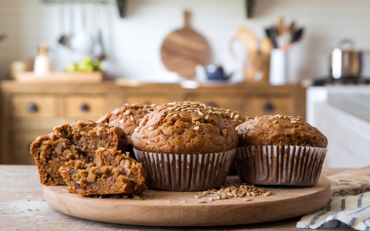 Freshly baked Morning Glory Muffins on a wooden table.