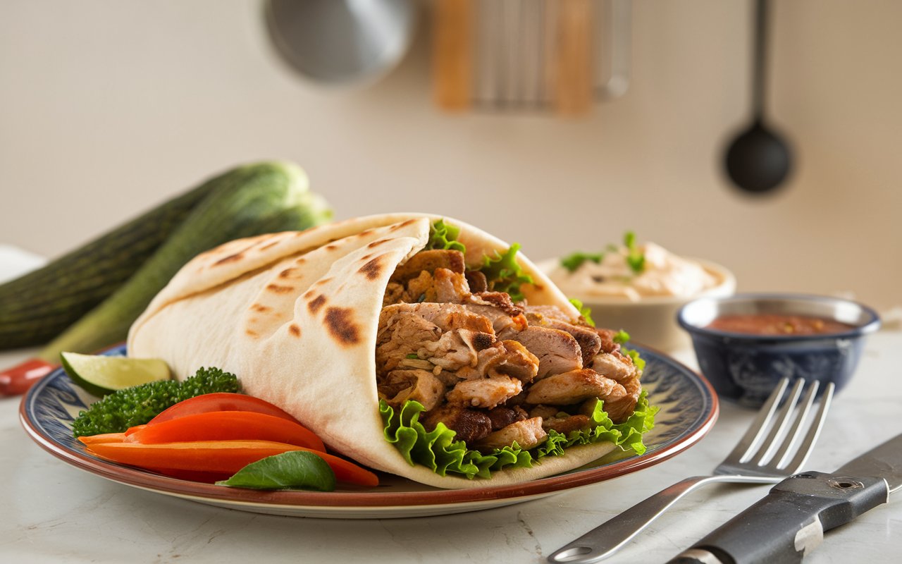 Lebanese chicken shawarma wrap with vegetables and garlic sauce.