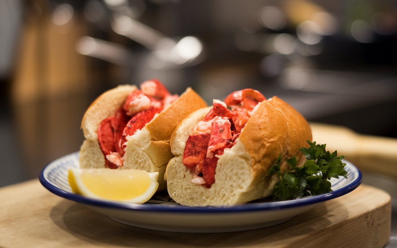 Maine-style lobster roll with coleslaw on a sunny coastal table