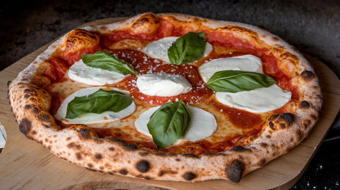 "Freshly baked Margherita pizza with classic sauce and toppings."