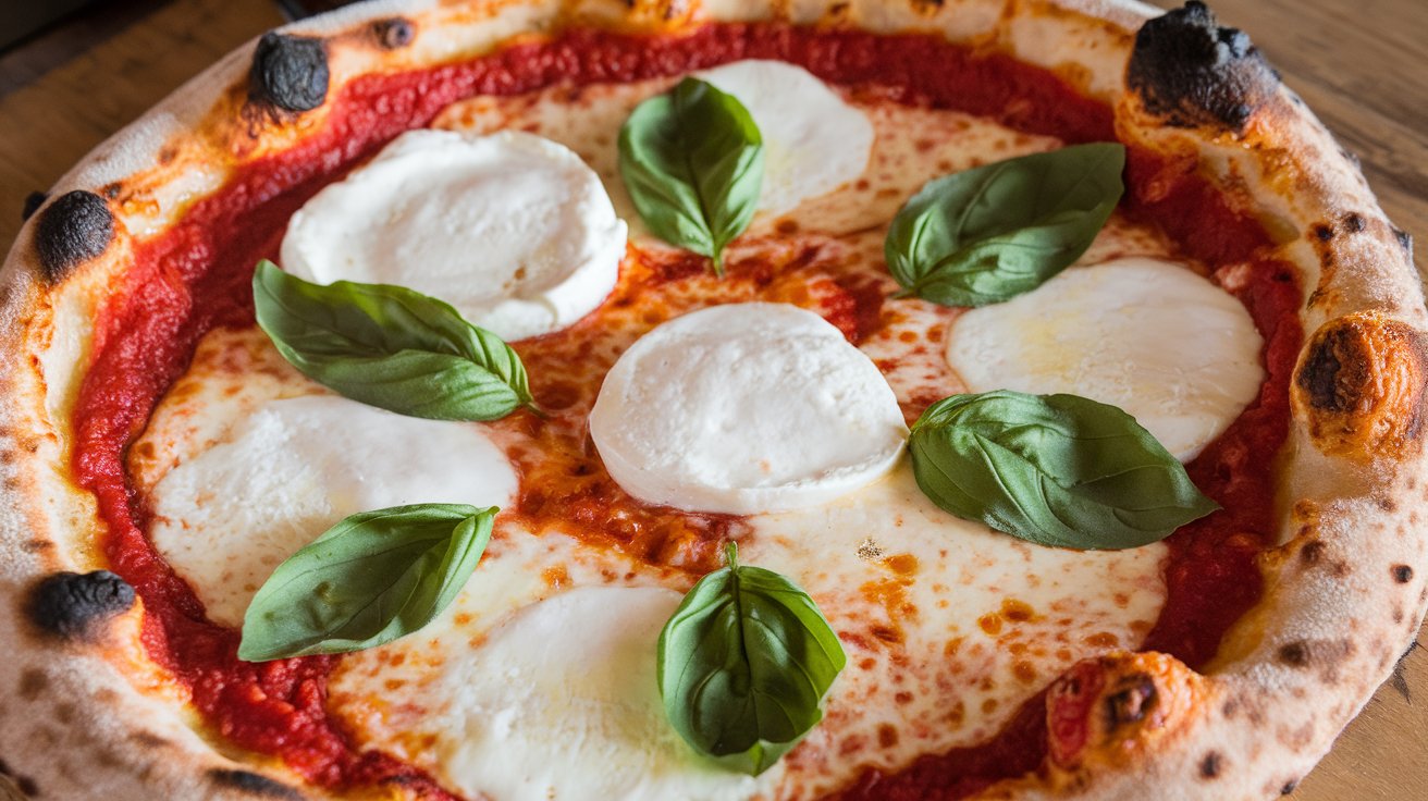  "Ingredients for Margherita pizza sauce on a marble countertop."