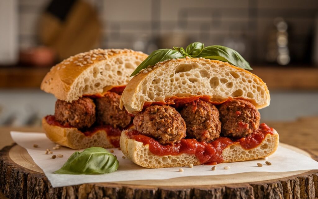 Step-by-step assembly of a meatball sub sandwich