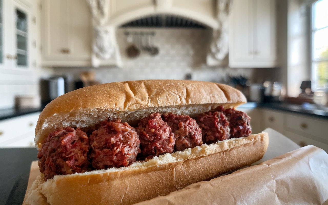  Ingredients for a meatball sub on a marble countertop