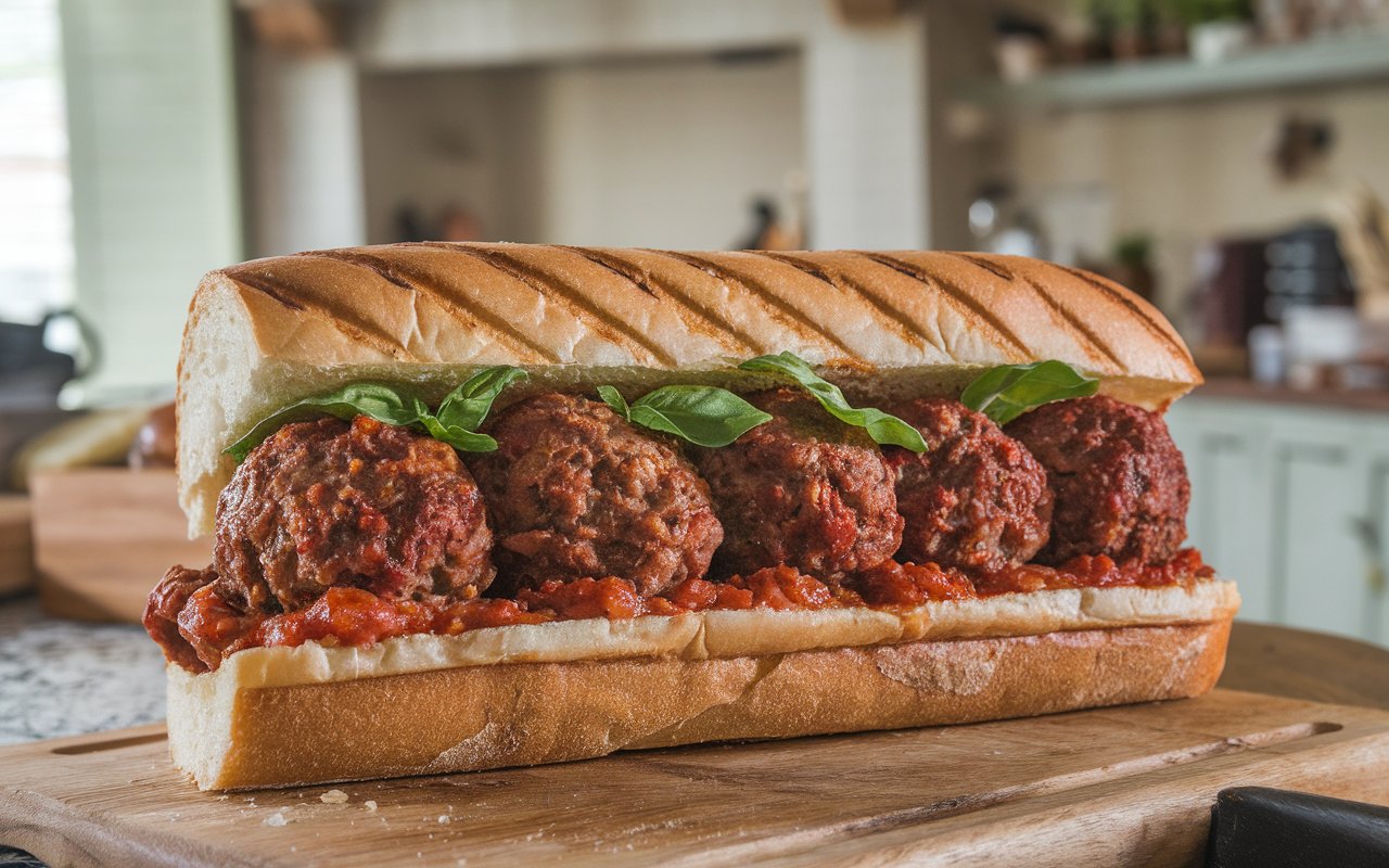 Perfectly toasted meatball sub with melted cheese and fresh basil