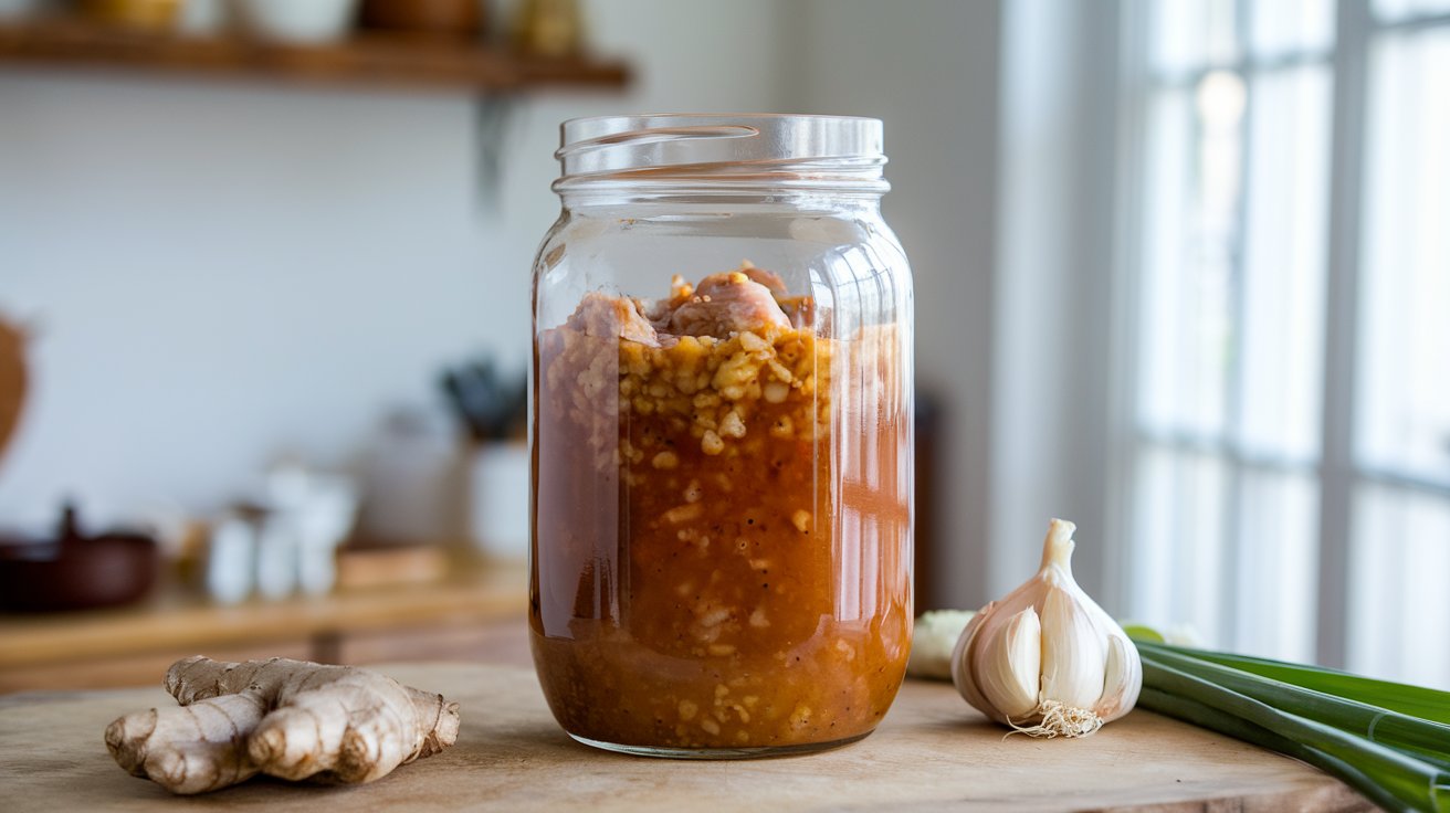  Raw Chicken Marinating with Soy Sauce, Garlic, and Ginge