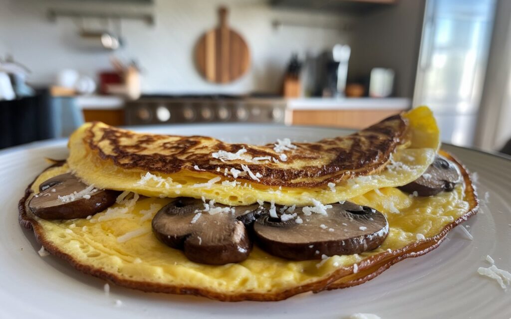 "Mushroom and Swiss cheese omelet cooking in a skillet"