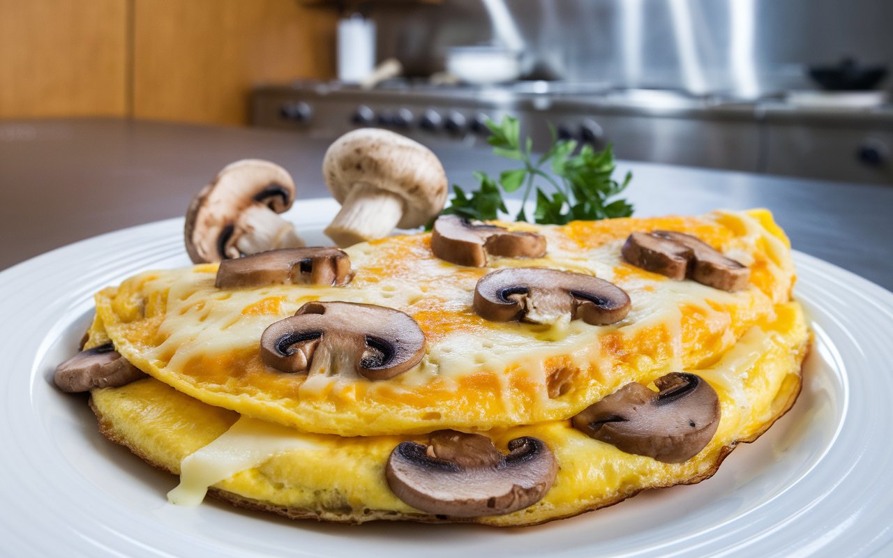 "Mushroom and Swiss Cheese Omelet served on a wooden plate"