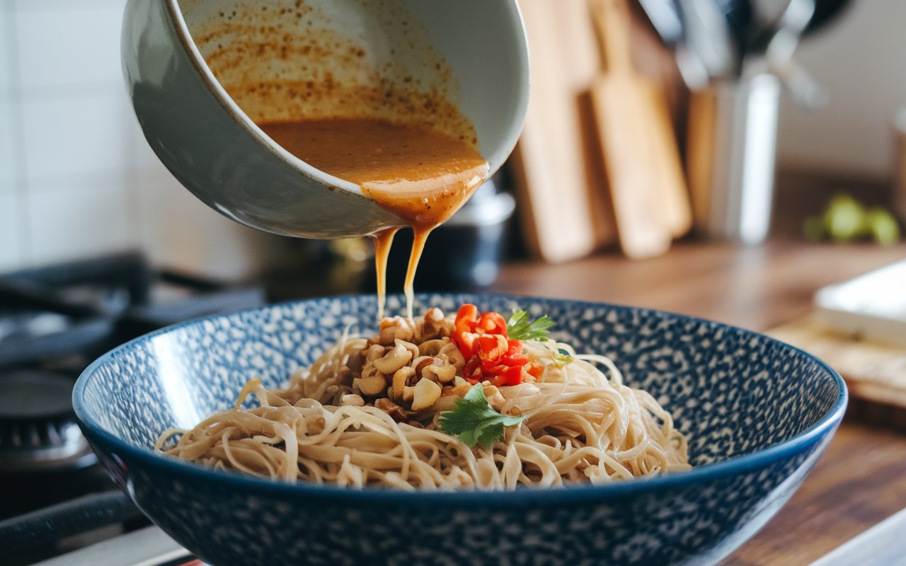  Stir-fried Pad Thai noodles with vegetables and sauce in a wok.