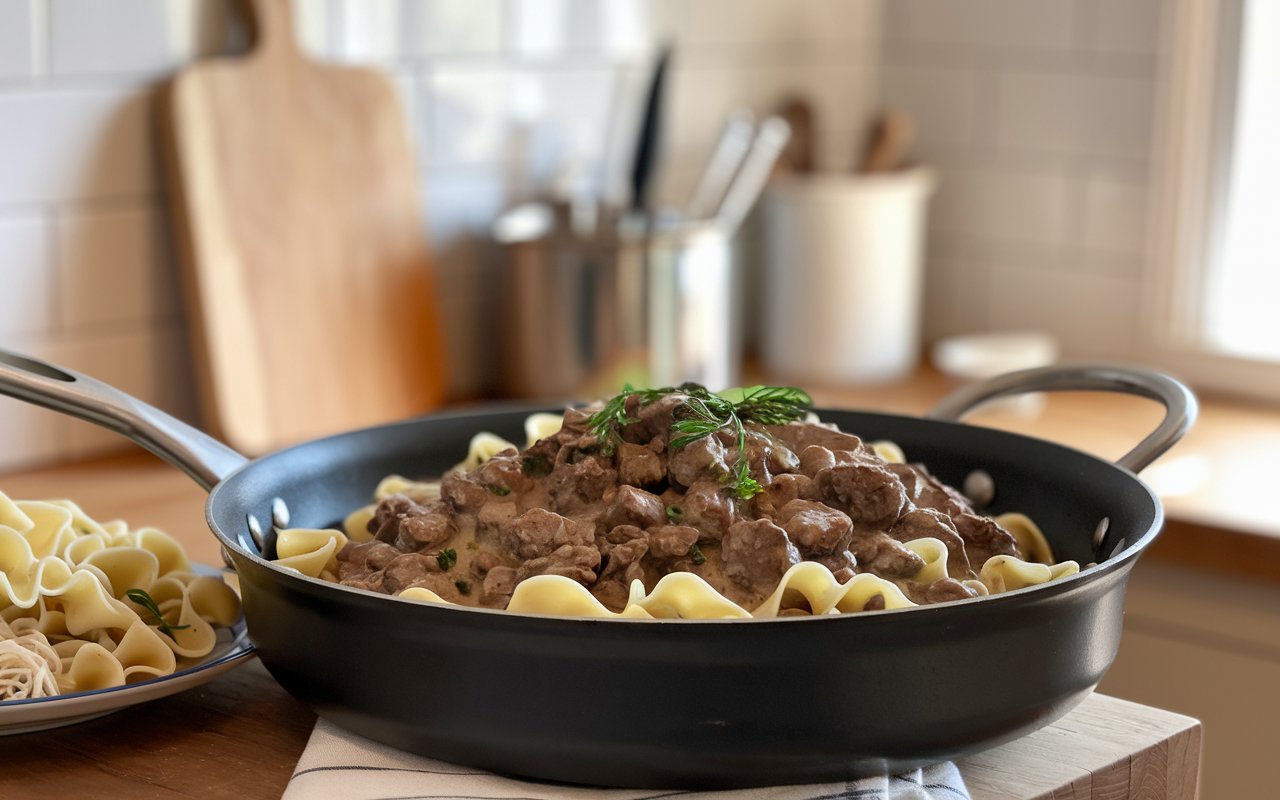 "Milk-free Beef Stroganoff served in a bowl with noodles and parsley garnish."