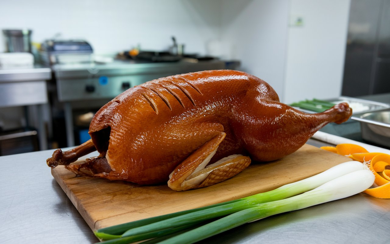 "Plated Peking duck with accompaniments on a white platter."