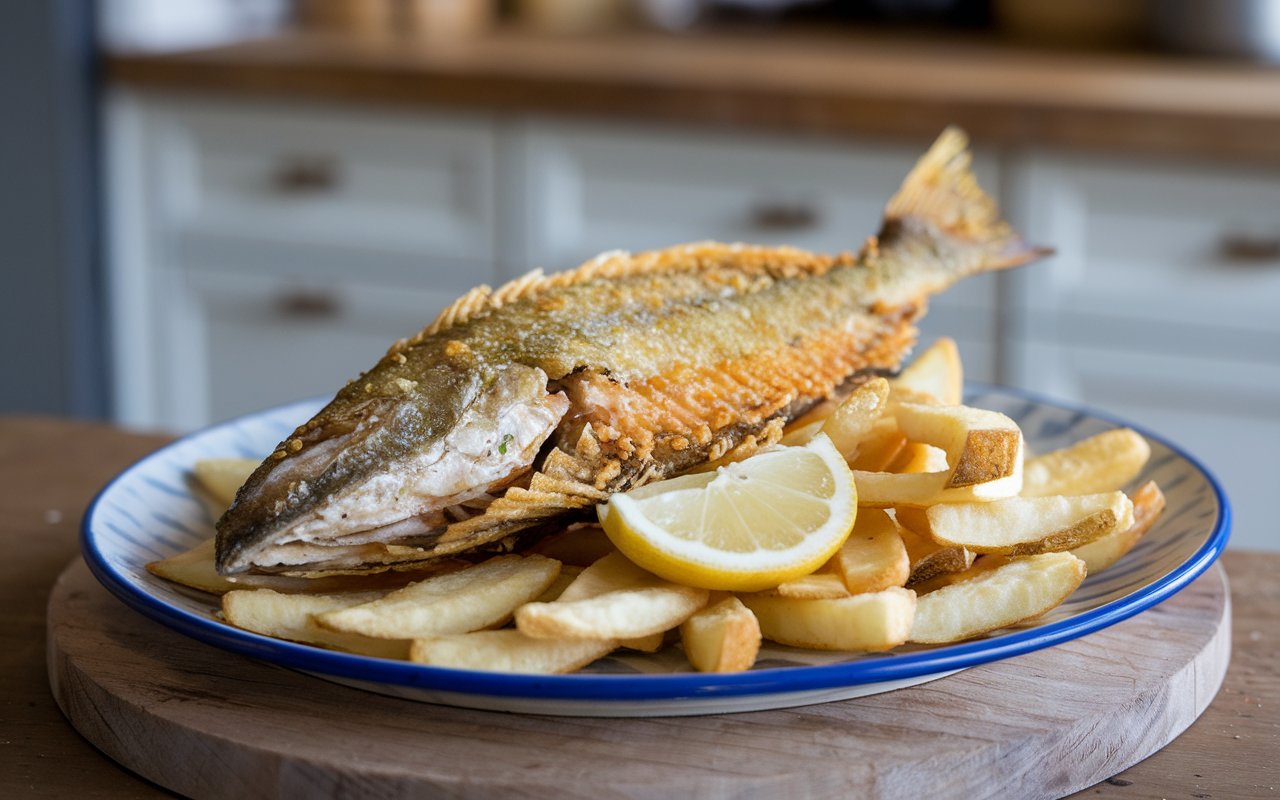  "Serving suggestions for air fryer fish and chips with fries, salad, and tartar sauce."