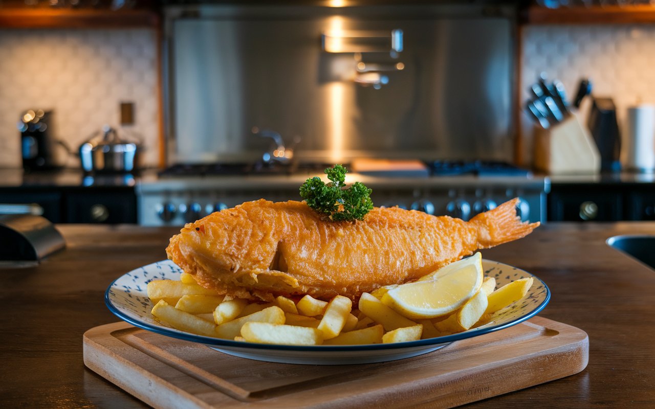 "Crispy air fryer fish and chips served with tartar sauce and fries."