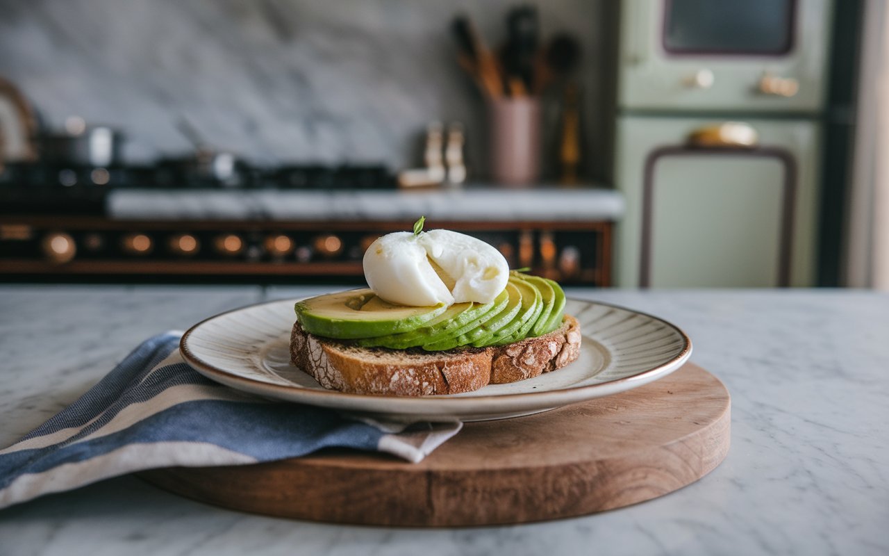 "Step-by-step process for making avocado toast with poached egg: mashing avocado, poaching an egg, and assembling the toast."