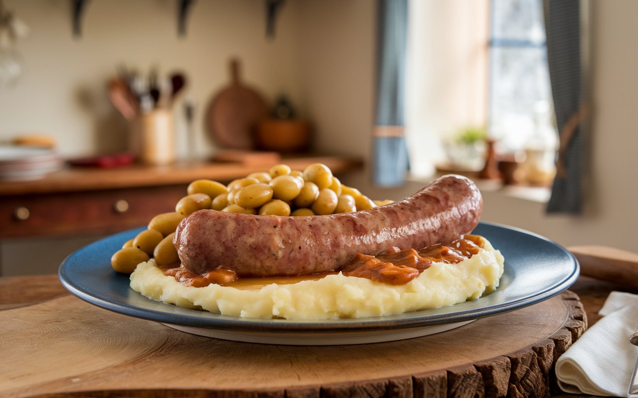  Elegant serving of bangers, beans, and mash with wine.