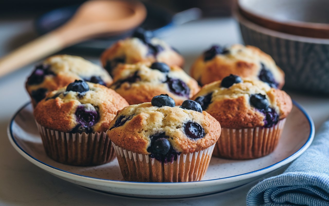 "Freshly baked blueberry muffins on a rustic wooden table."