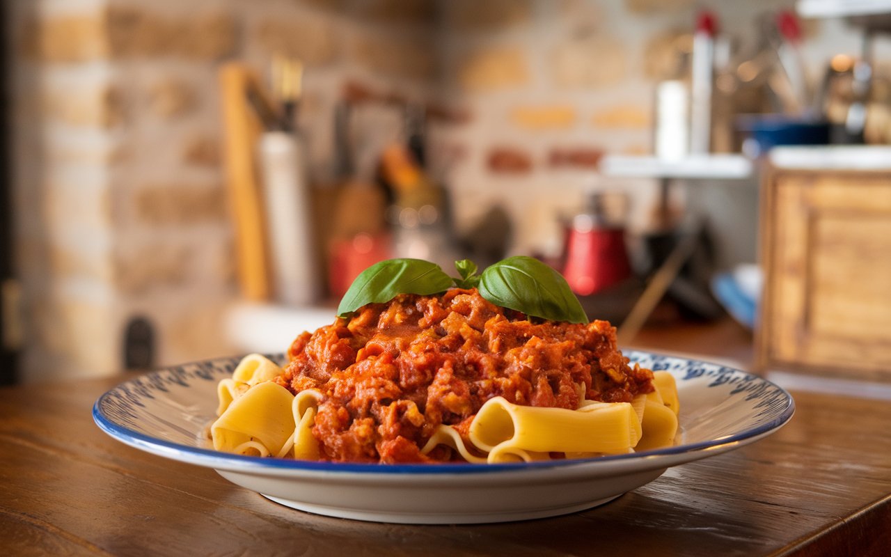  Step-by-step process of cooking Bolognese sauce with pappardelle.