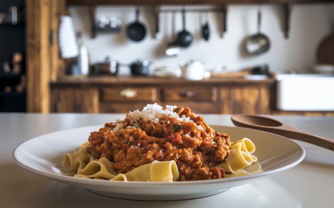  A hearty bowl of Bolognese with pappardelle pasta topped with Parmesan and parsley.