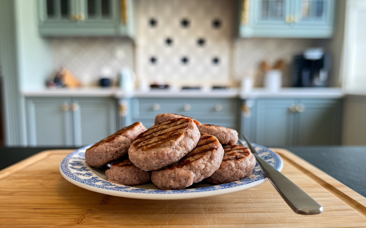 "Sizzling sausage patties cooking in a skillet."