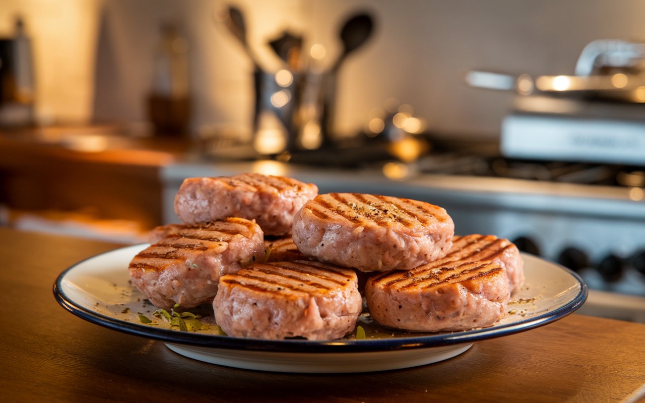 "Breakfast sausage patties served with eggs, hash browns, and toast."