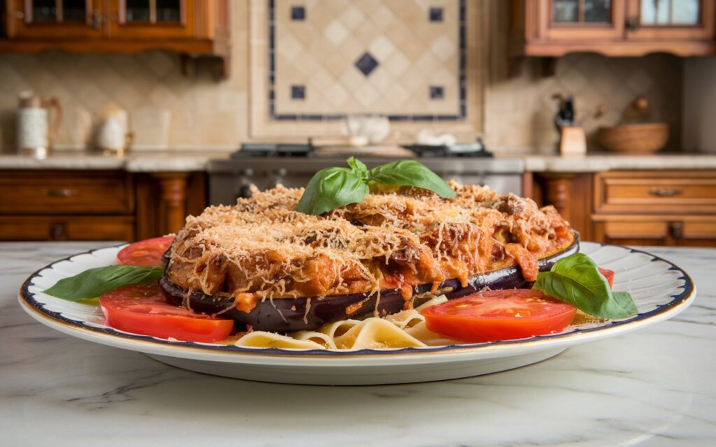 "Eggplant parmesan ready for freezing in a labeled container."