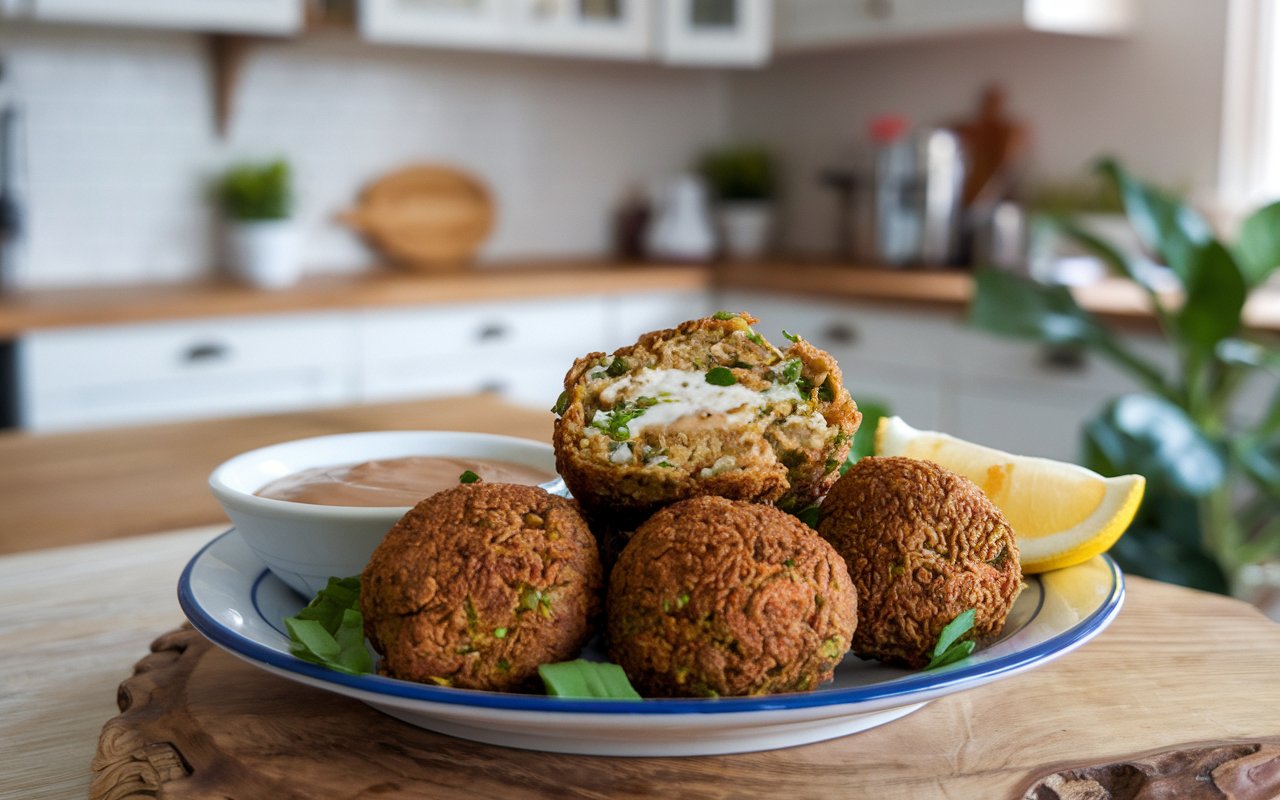  "Golden brown falafel balls with tahini sauce and parsley"