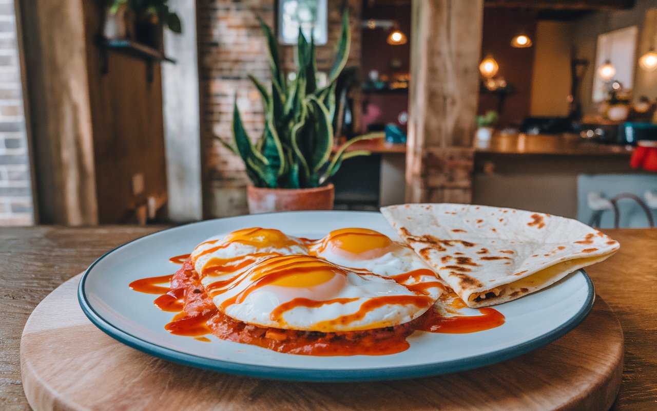  Huevos Rancheros with eggs, beans, tortillas, and salsa on a wooden table.