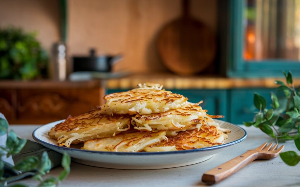 Hash browns cooking in a cast-iron skillet